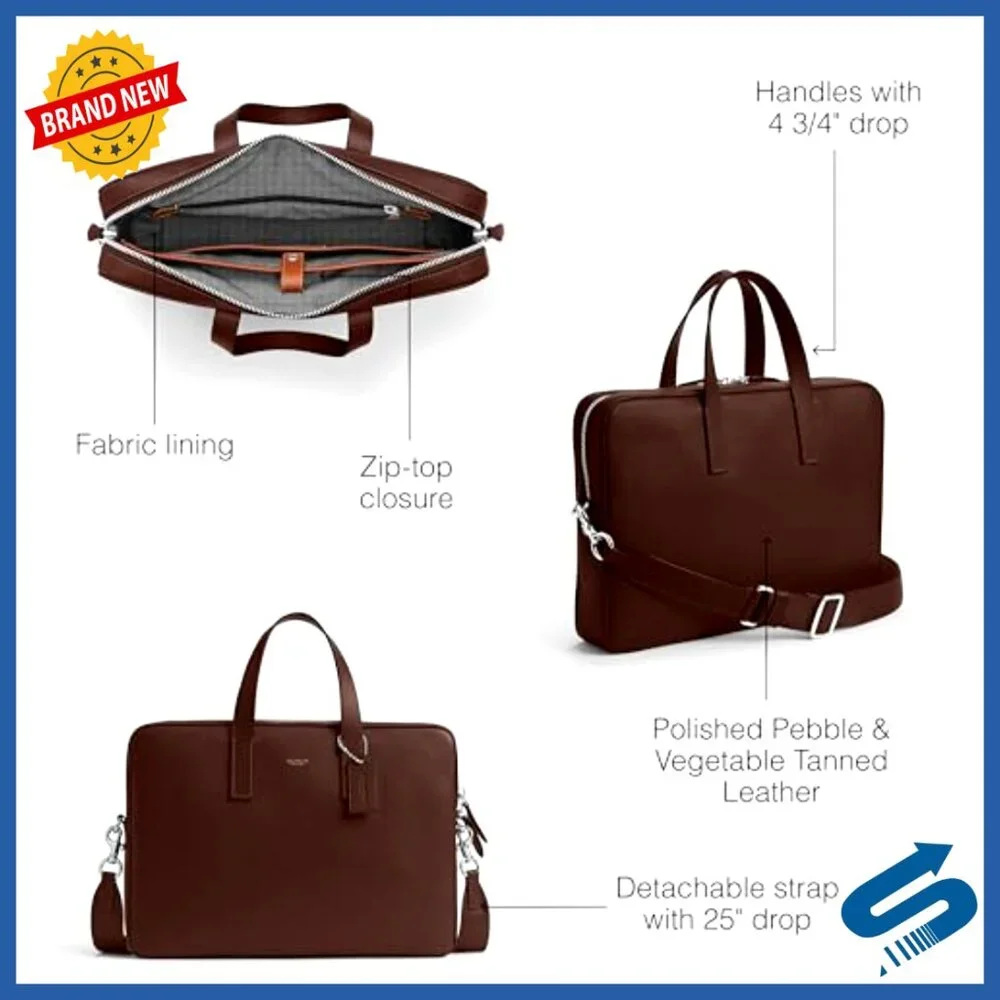 Leather Briefcase with Laptop Sleeve Detachable Strap Work Commute